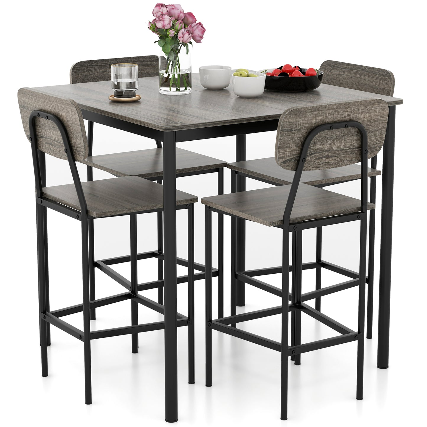 5-Piece Dining Bar Table Set for 4 Counter-Height Dining Table and 4 Bar Chairs-Grey