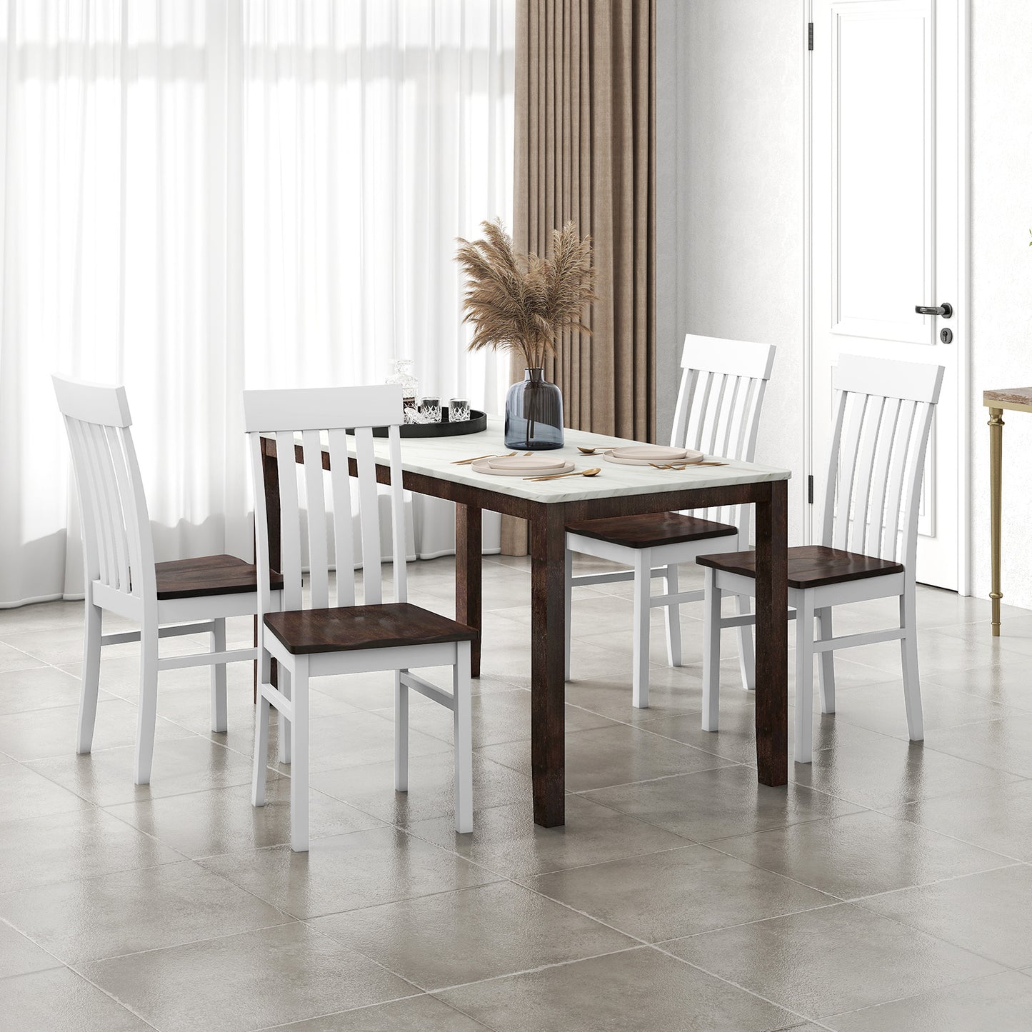 Dining Chairs Set of 2/4 with Hollowed Backrests and Rubber Wood Seats-Walnut-Set of 4