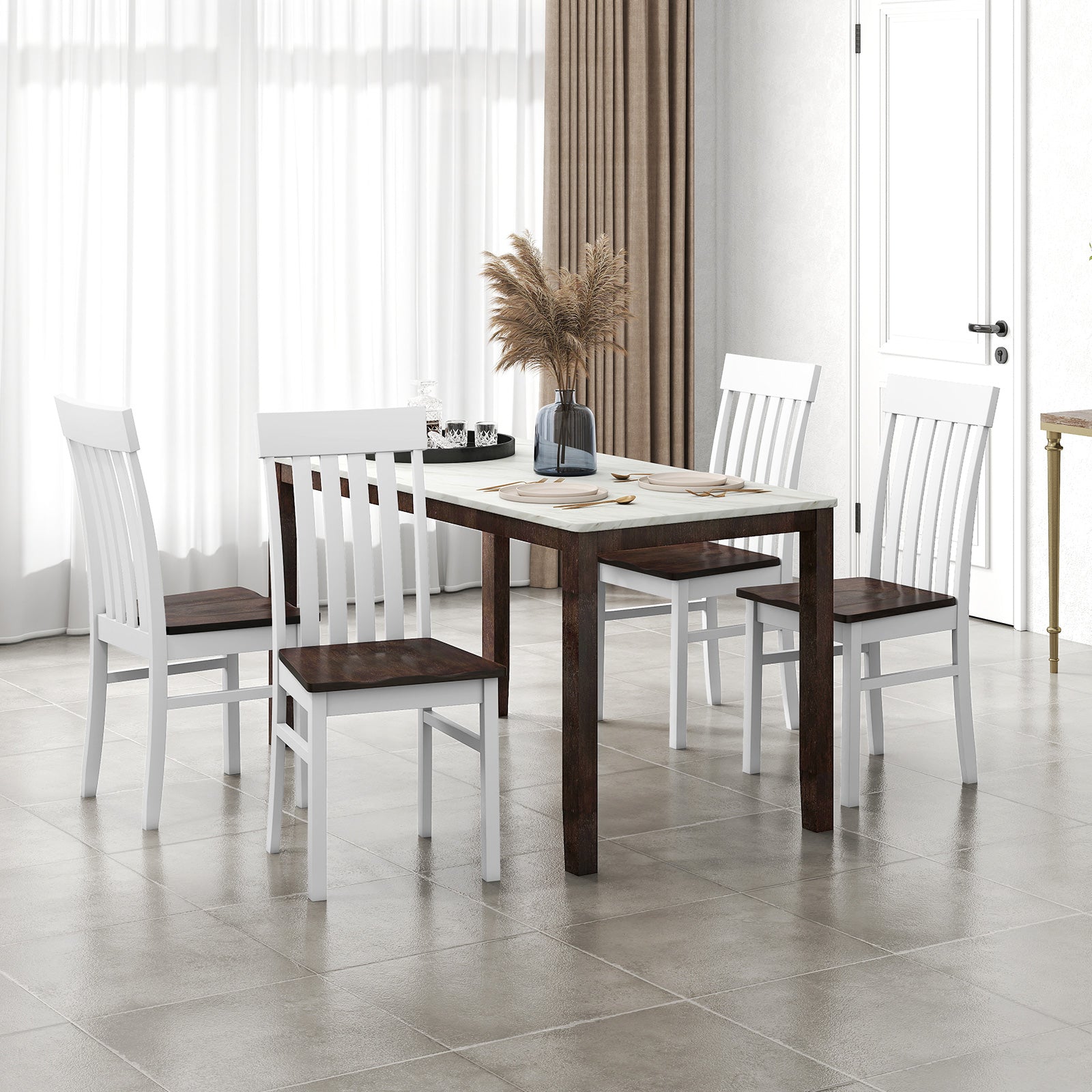 Dining Chairs Set of 2/4 with Hollowed Backrests and Rubber Wood Seats-Walnut-Set of 4