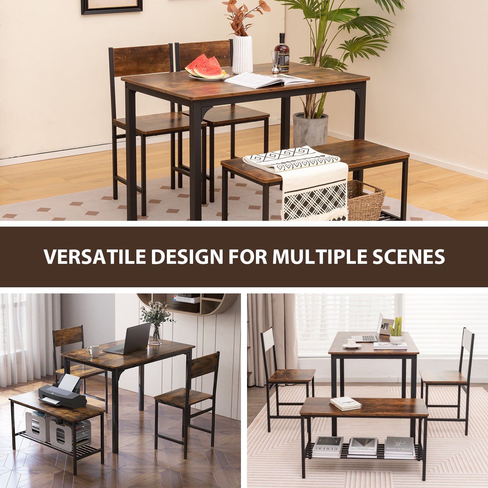 4-Piece Dining Table Set with Storage Shelf and Metal Frame-Coffee