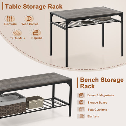 Dining Table Set for 4 with Storage Racks and Metal Frame-Grey
