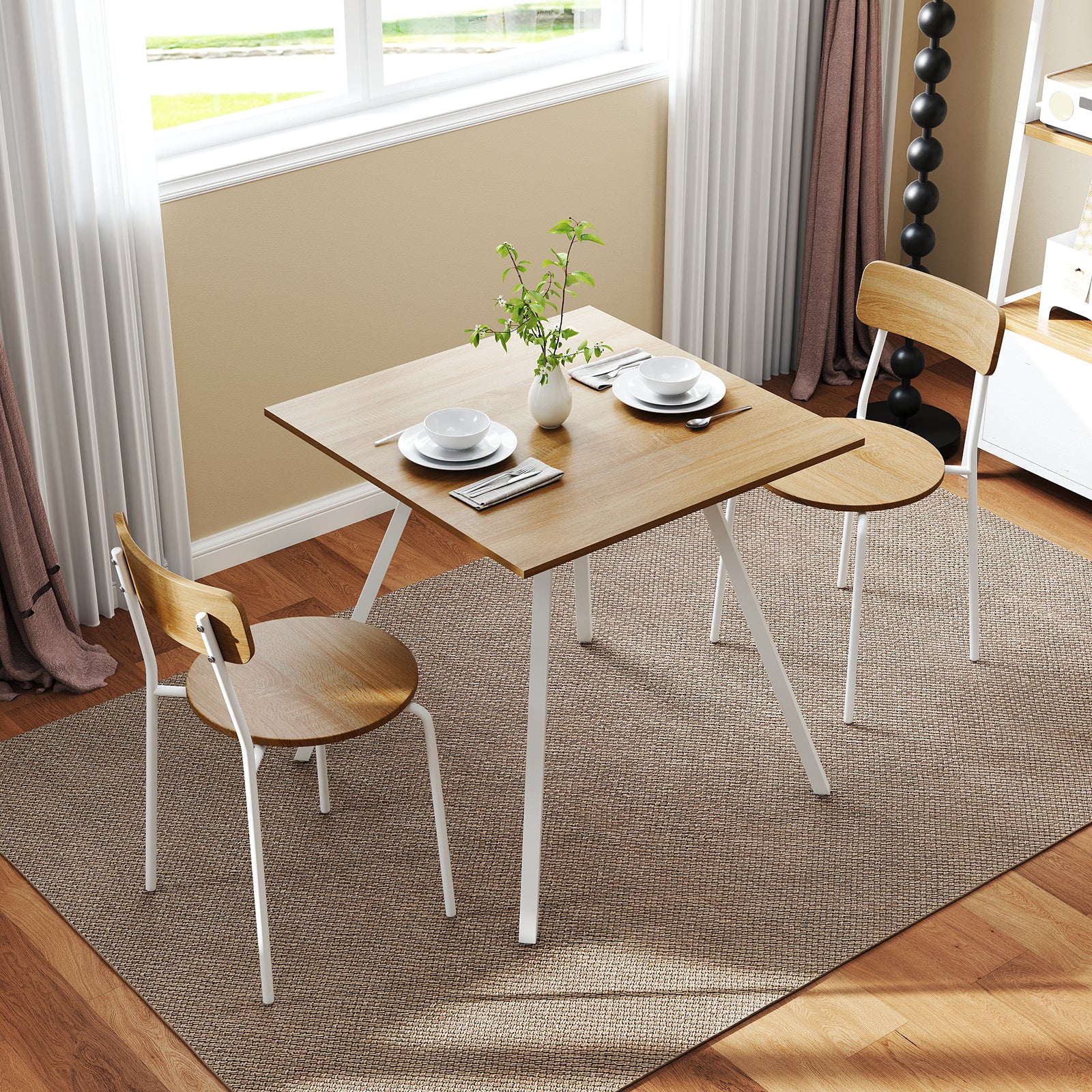 3-Piece Kitchen Dining Room Furniture with Metal Frame and Adjustable Foot Pads-Natural