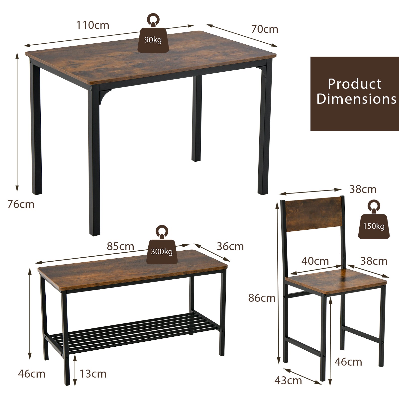 4-Piece Dining Table Set with Storage Shelf and Metal Frame-Coffee