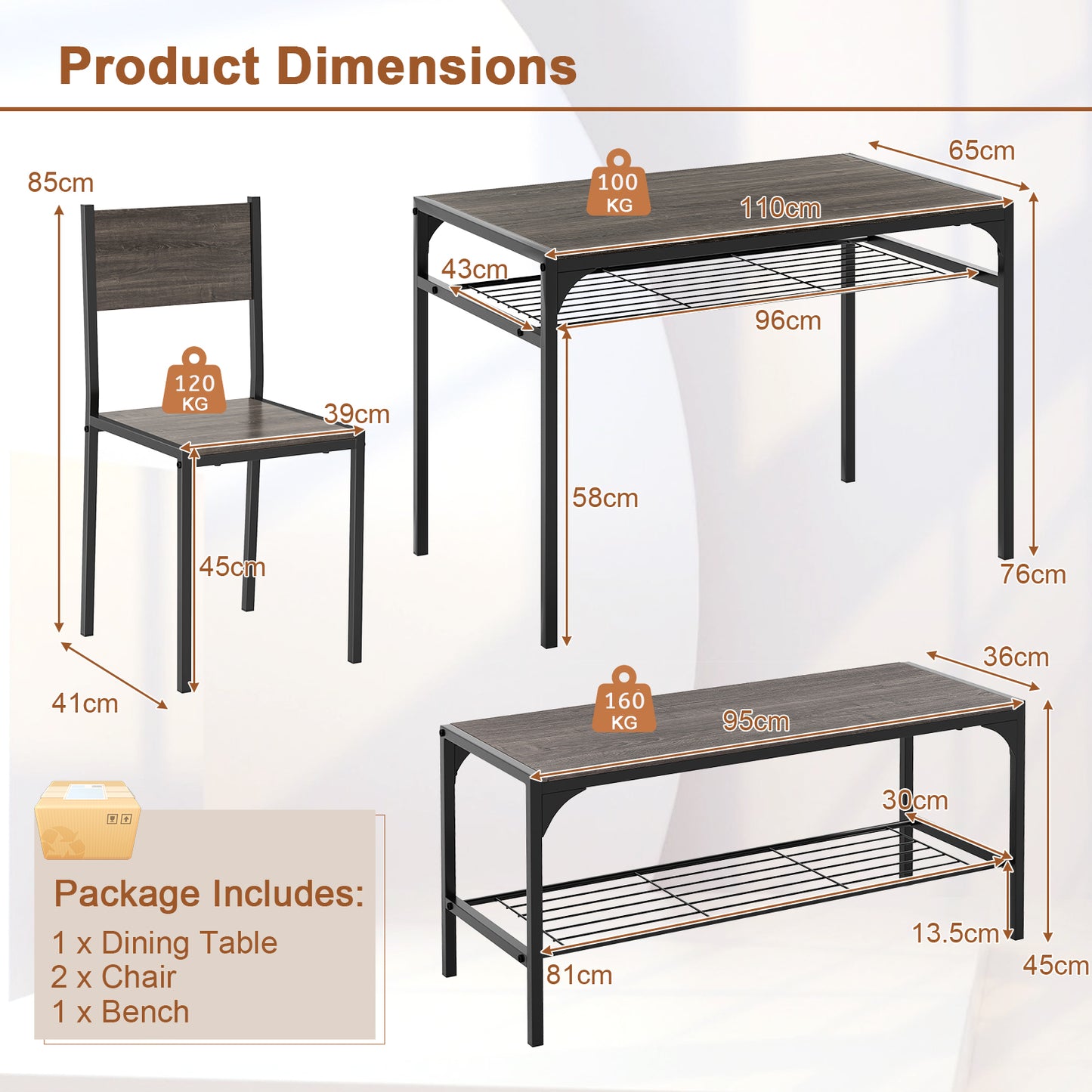 Dining Table Set for 4 with Storage Racks and Metal Frame-Grey