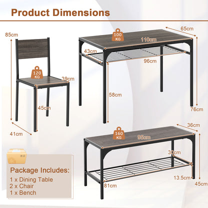 Dining Table Set for 4 with Storage Racks and Metal Frame-Grey
