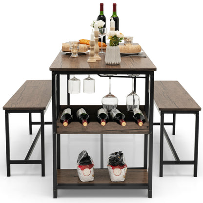 4-Person 3 Pieces Dining Table Set with 2 Benches and Wine Rack-Rustic Brown