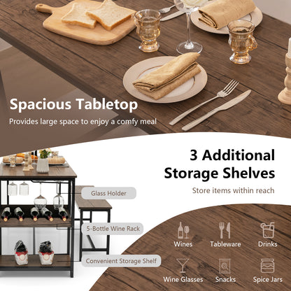 4-Person 3 Pieces Dining Table Set with 2 Benches and Wine Rack-Rustic Brown