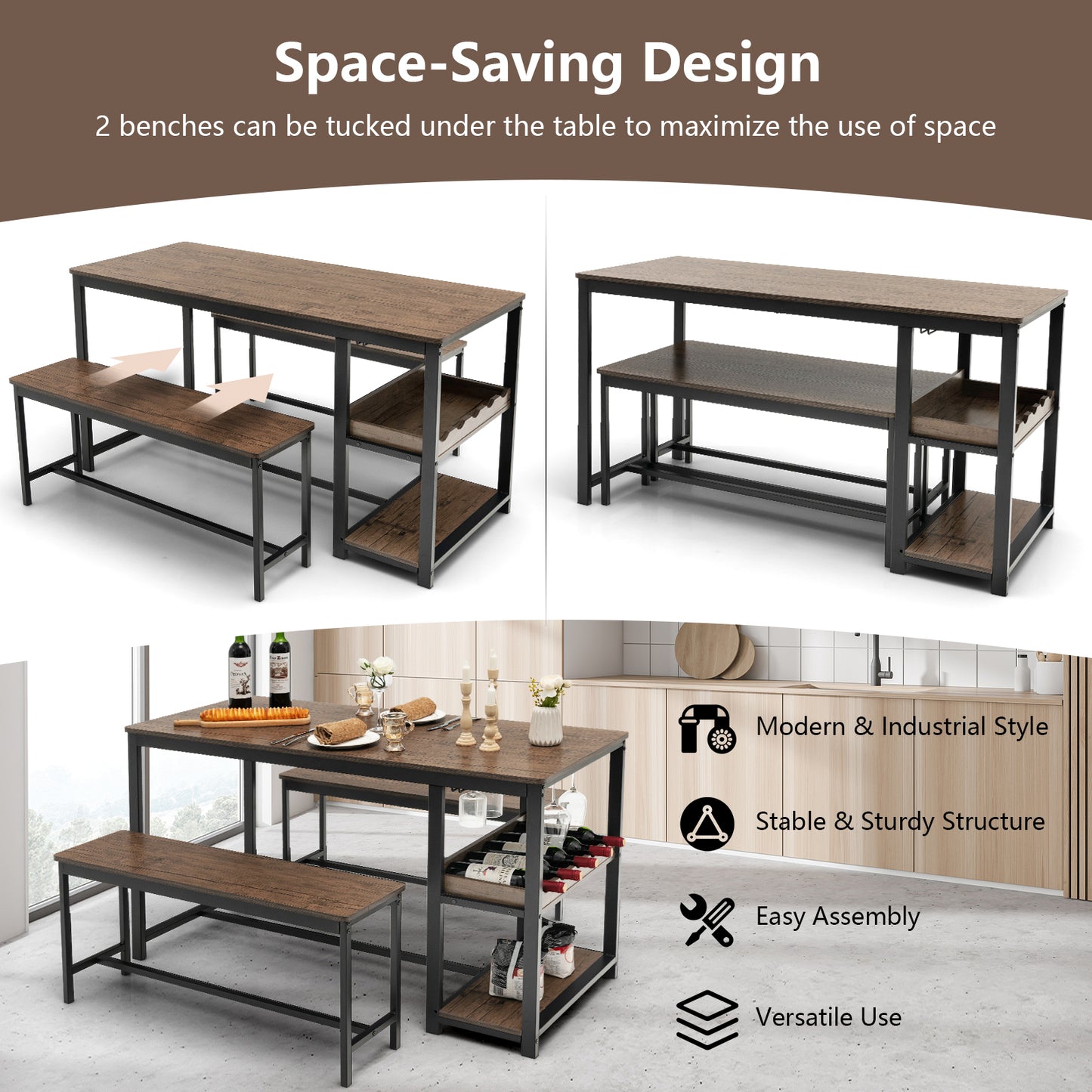 4-Person 3 Pieces Dining Table Set with 2 Benches and Wine Rack-Rustic Brown
