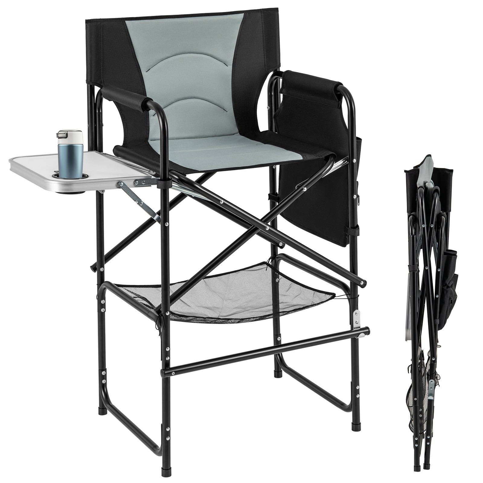 Directors Chair Folding Makeup Artist Chair with Foldable Side Table-Grey
