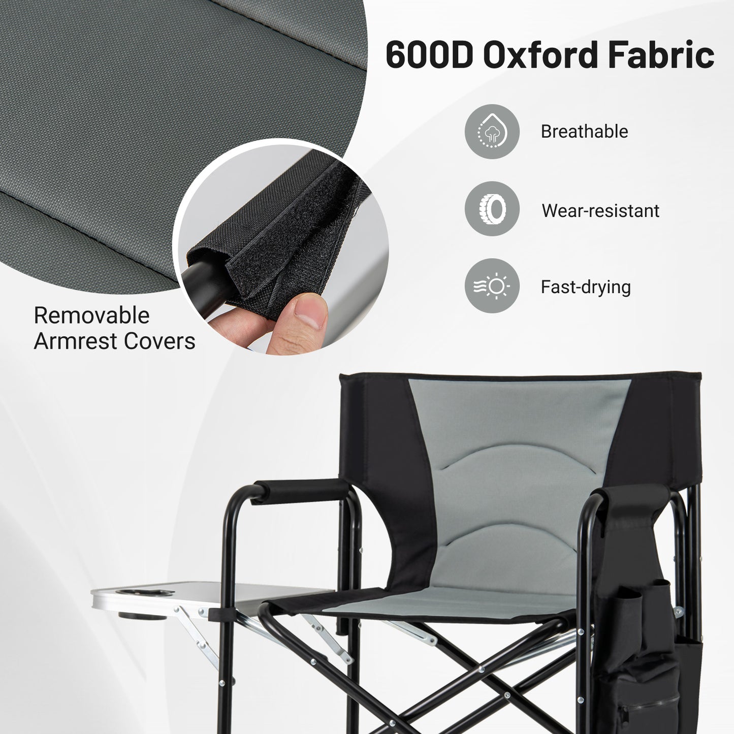 Directors Chair Folding Makeup Artist Chair with Foldable Side Table-Grey