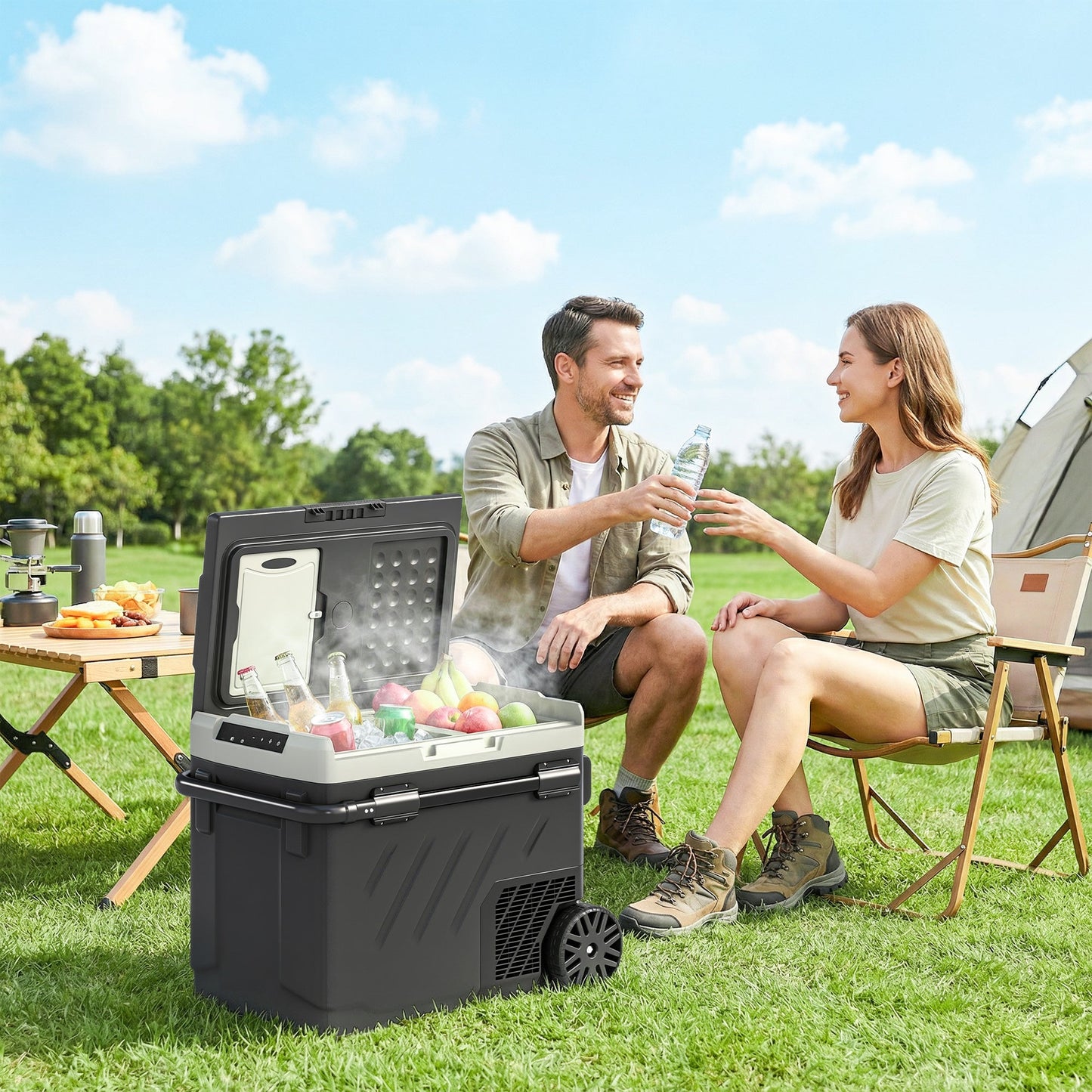 Outsunny 49L Compressor Car Fridge Freezer, Dual Zone Camping Refrigerator with App Control, Telescopic Handle, -20â-20â