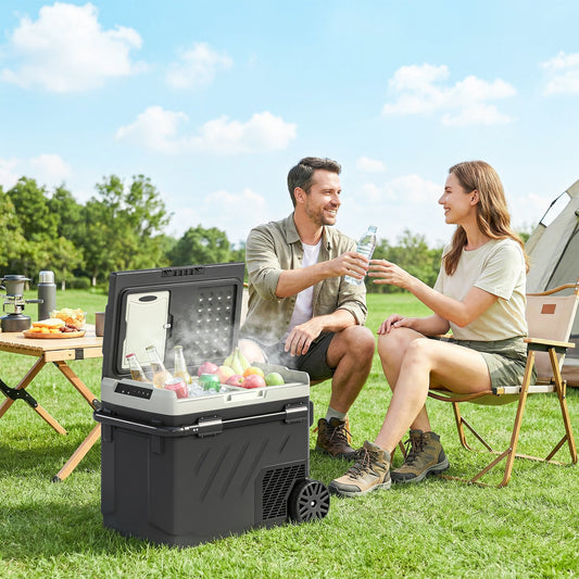 Outsunny 49L Compressor Car Fridge Freezer, Dual Zone Camping Refrigerator with App Control, Telescopic Handle, -20â-20â