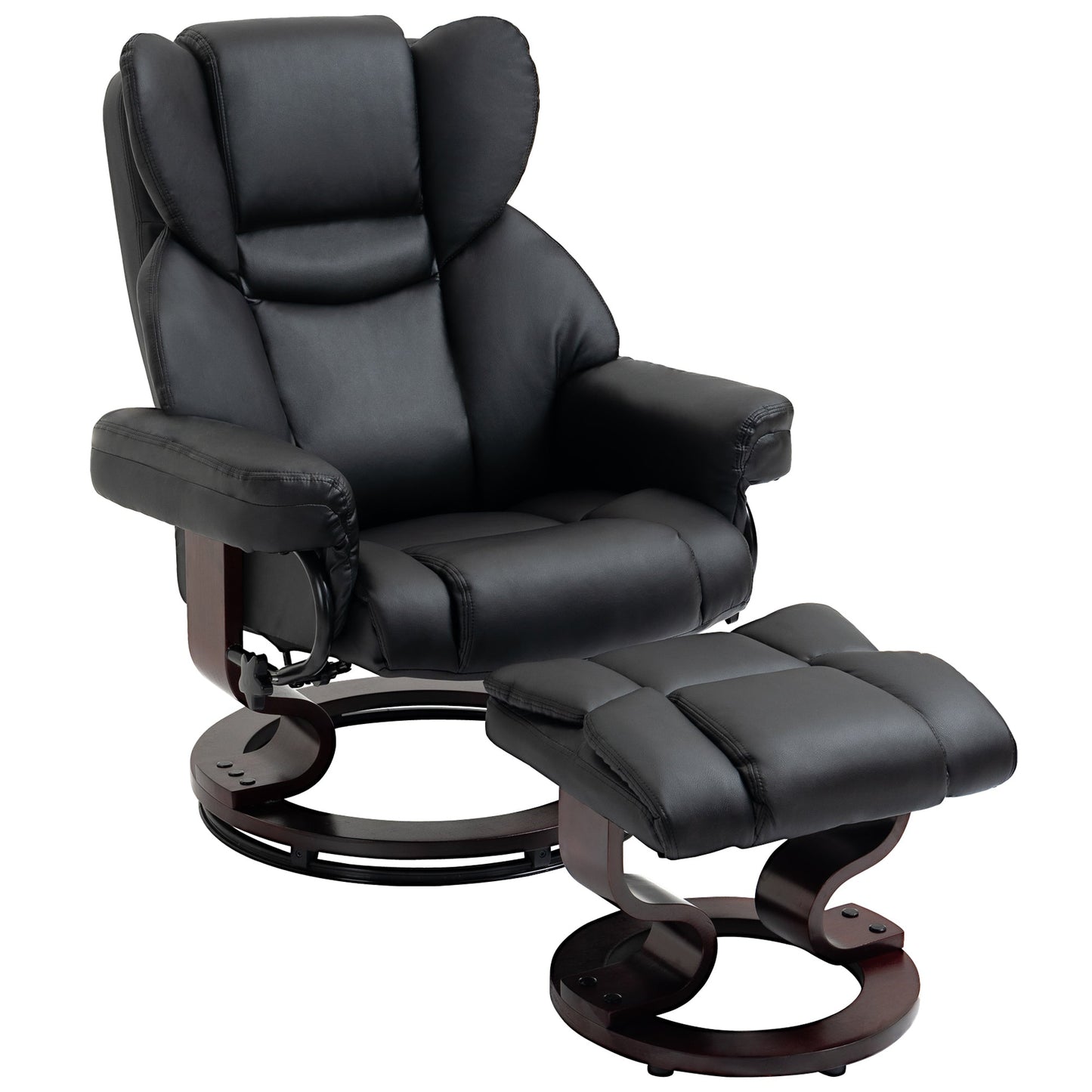 HOMCOM 360Â° Swivel Recliner Chair with Footstool, PU Leather Manual Recliner Armchair with Footstool, Solid Wood Base, Upholstered Reclining Chair for Living Room, Bedroom, Office, Black