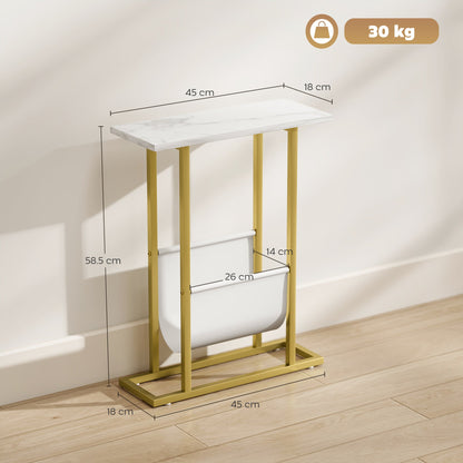HOMCOM Narrow Side Table, End Table with Magazine Holder, Nightstand for Small Spaces, Living Room, Bedroom, White Marble Grain