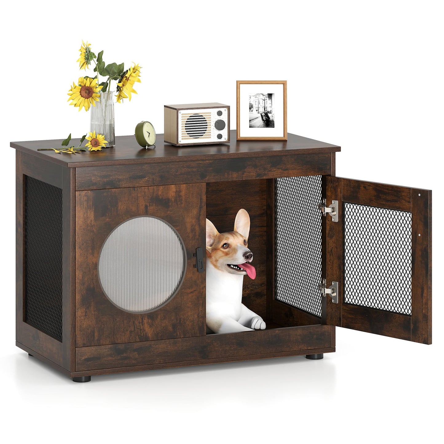 Dog Crate Furniture with Metal Mesh & Translucent Window for Small Medium Dogs-Rustic Brown