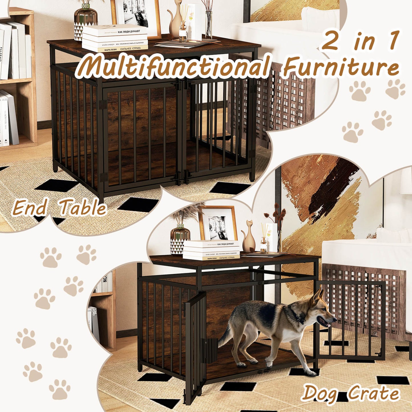 Dog Crate with Three Doors with Hollow Top for Small and Medium Dogs-Rustic Brown