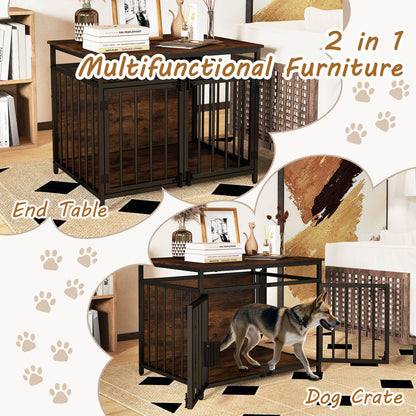 Dog Crate with Three Doors with Hollow Top for Small and Medium Dogs-Rustic Brown