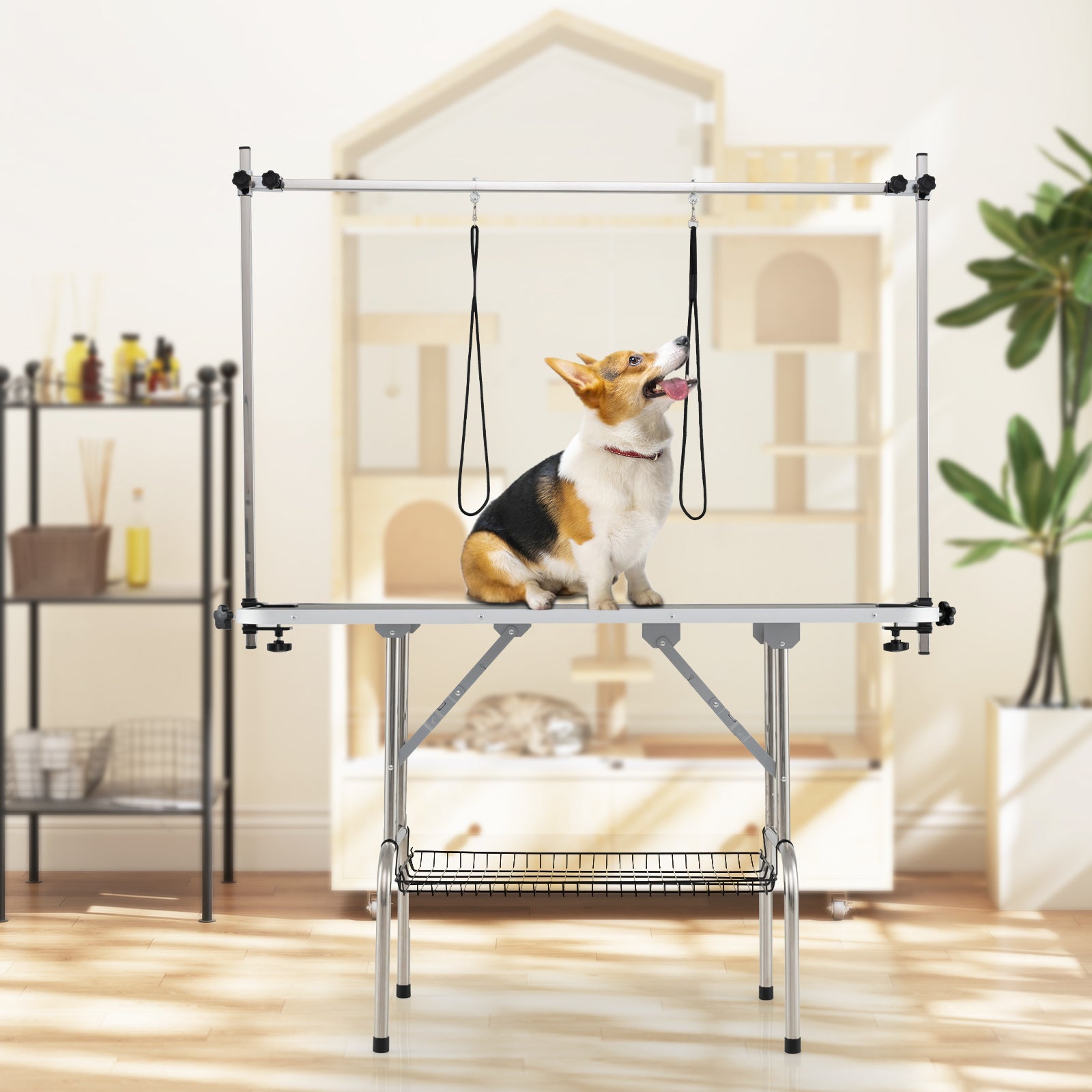 Foldable Dog Grooming Table with Height Adjustable Arms and Mesh Tray-Black