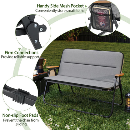 Double Camping Chair 2-Person with Detachable Cushion and Side Pocket -Grey