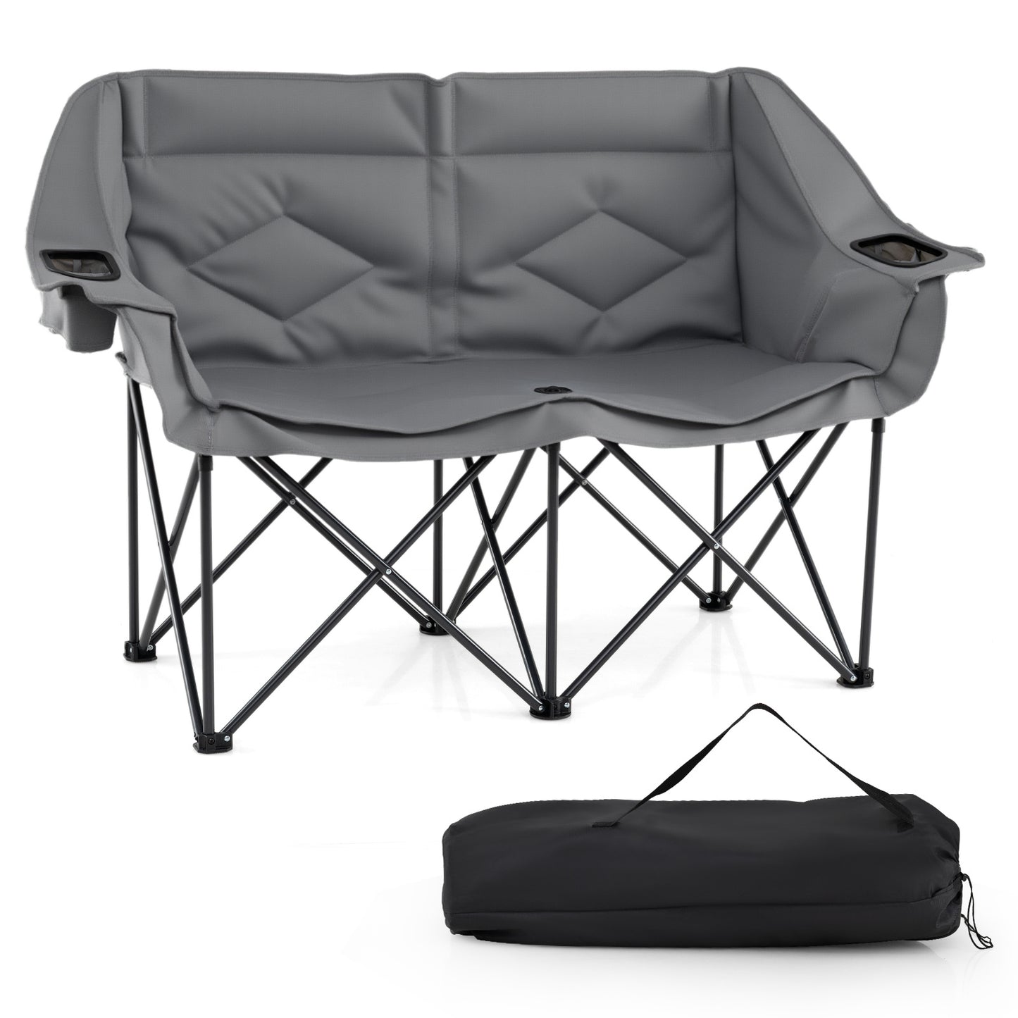 Double Camping Chair with Cup Holders and Glass Racks-Grey