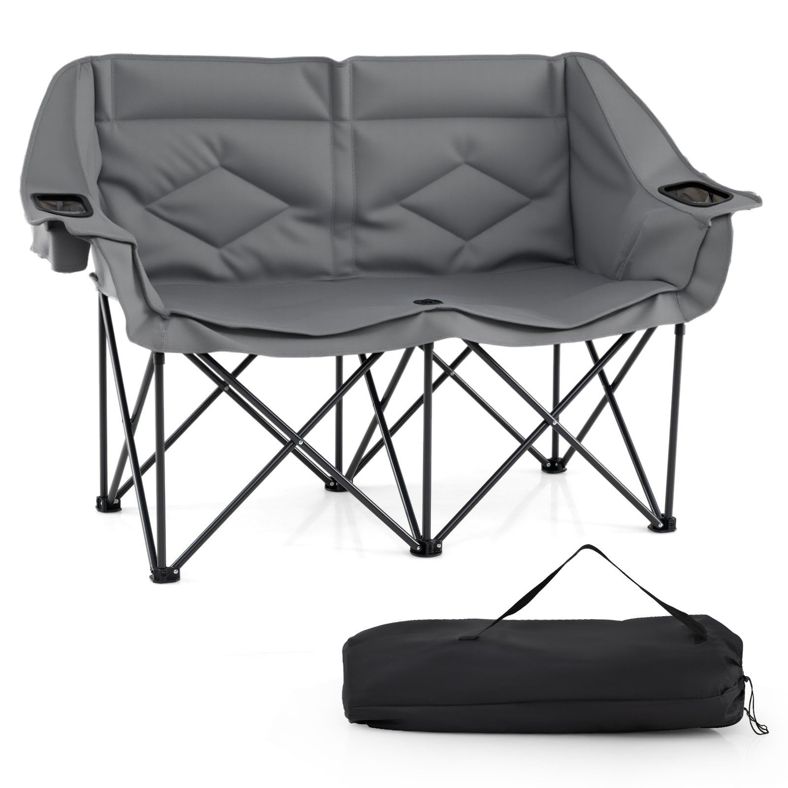 Double Camping Chair with Cup Holders and Glass Racks-Grey