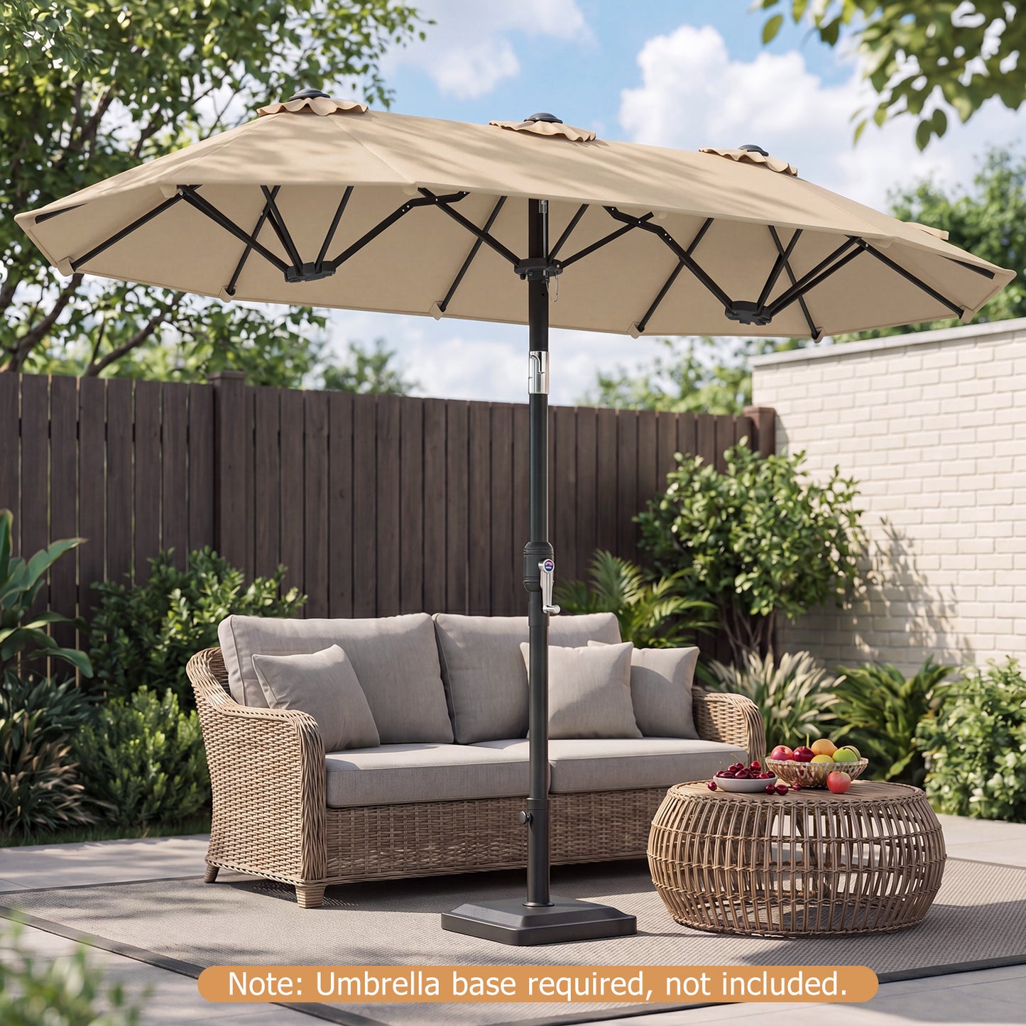 Double-Sided Patio Umbrella with Push Button Tilt and Crank and 12 Ribs-Beige