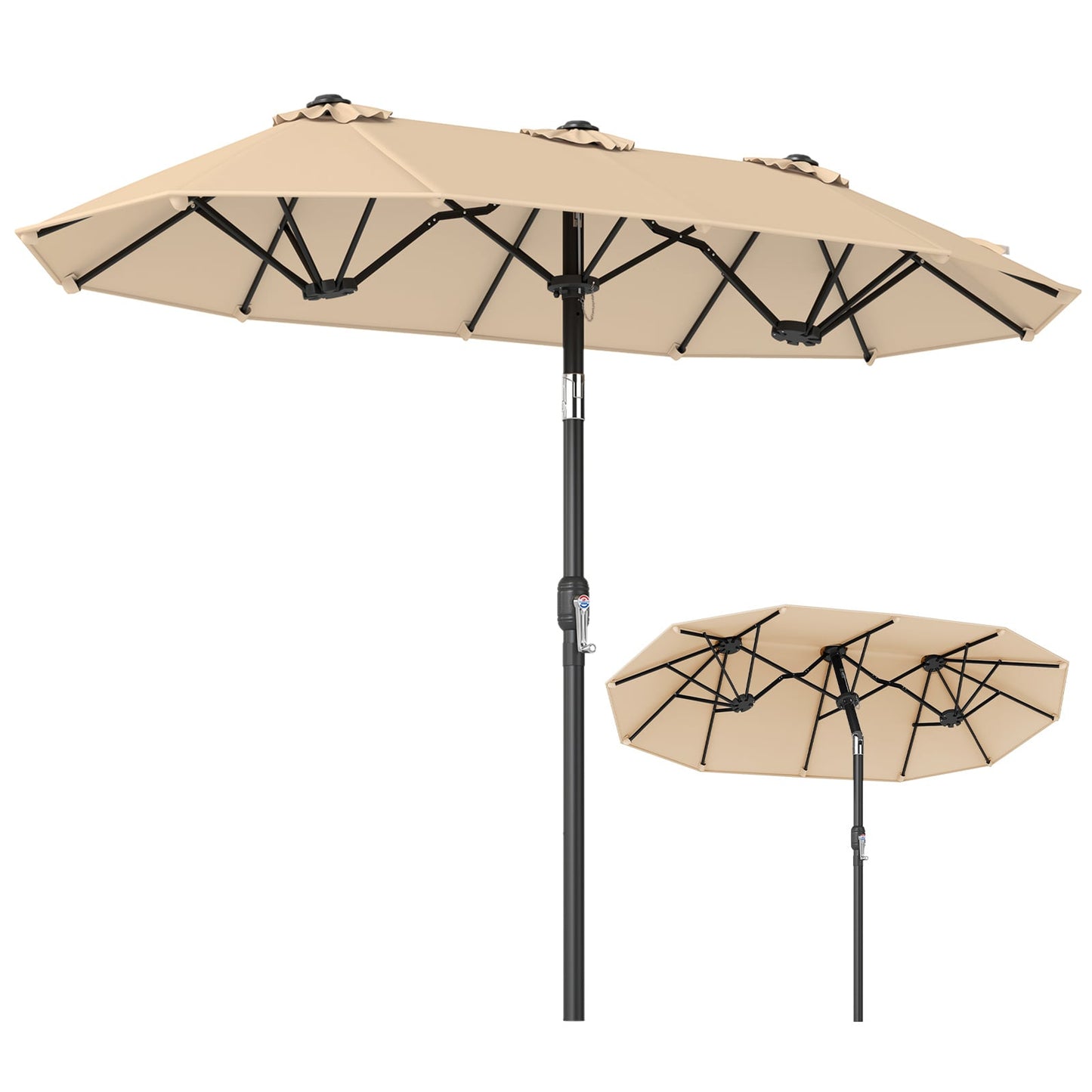 Double-Sided Patio Umbrella with Push Button Tilt and Crank and 12 Ribs-Beige