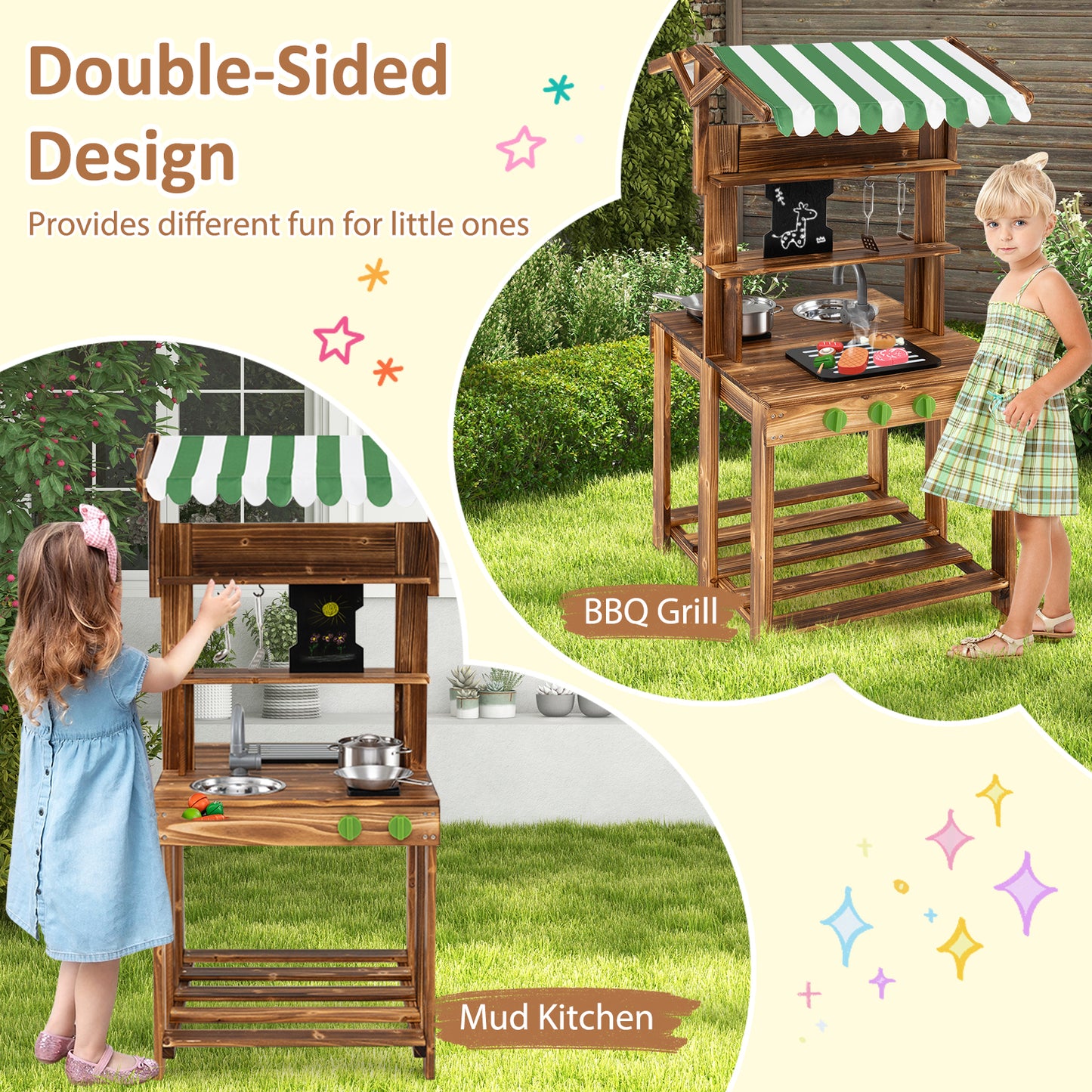 Double-Sided Mud Kitchen Wooden Barbecue Grill Playset with Canopy-Brown