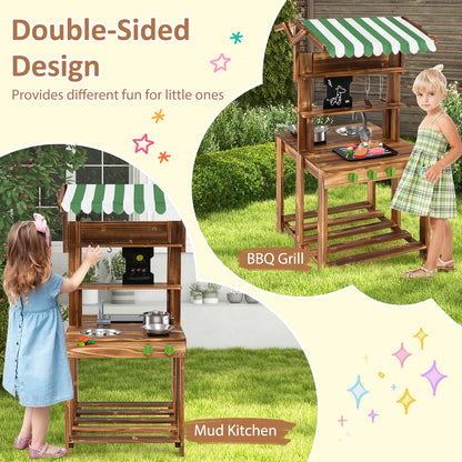 Double-Sided Mud Kitchen Wooden Barbecue Grill Playset with Canopy-Brown