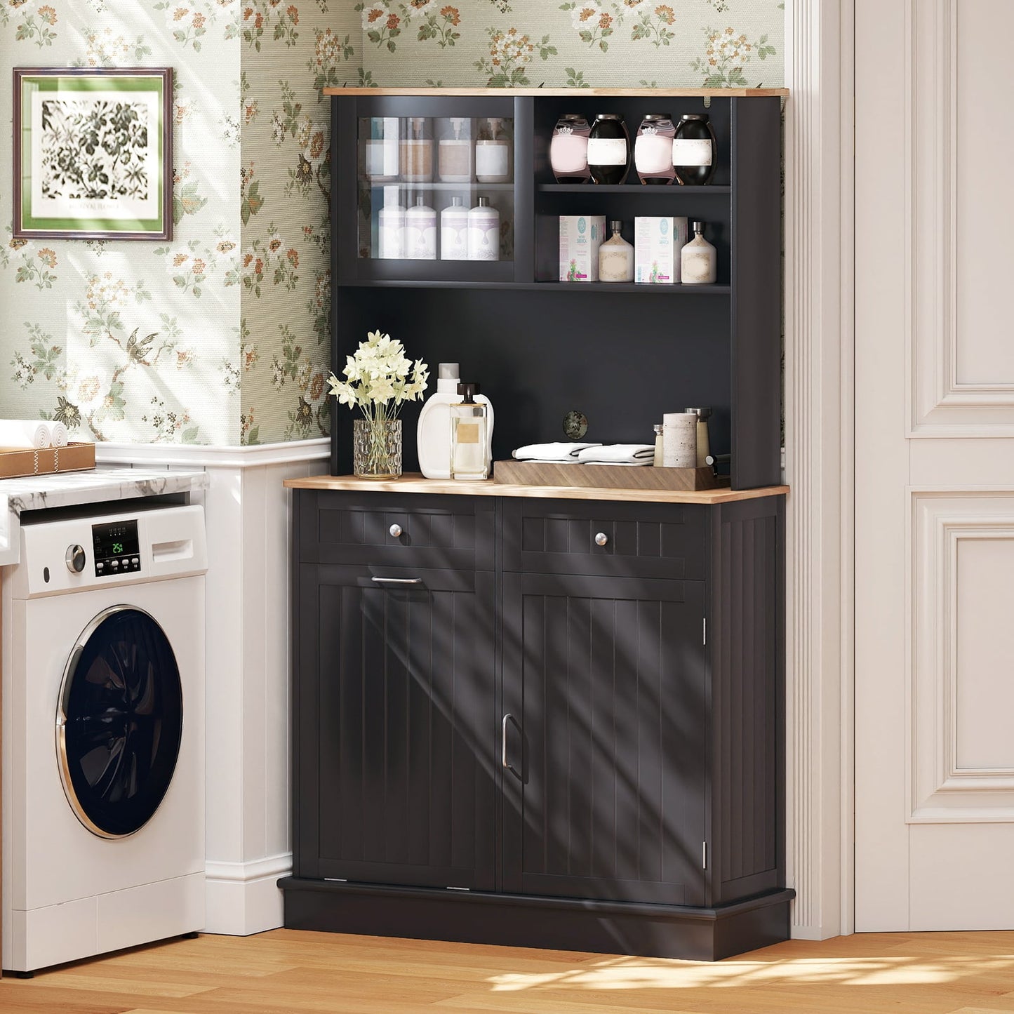 Double Tilt Out Trash Cabinet with Rubber Wood Countertop for Kitchen Dining Room-Black