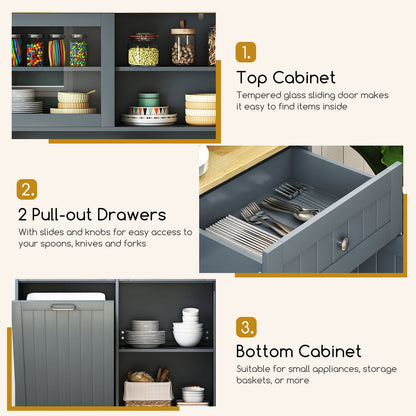 Double Tilt Out Trash Cabinet with Rubber Wood Countertop for Kitchen Dining Room-Grey