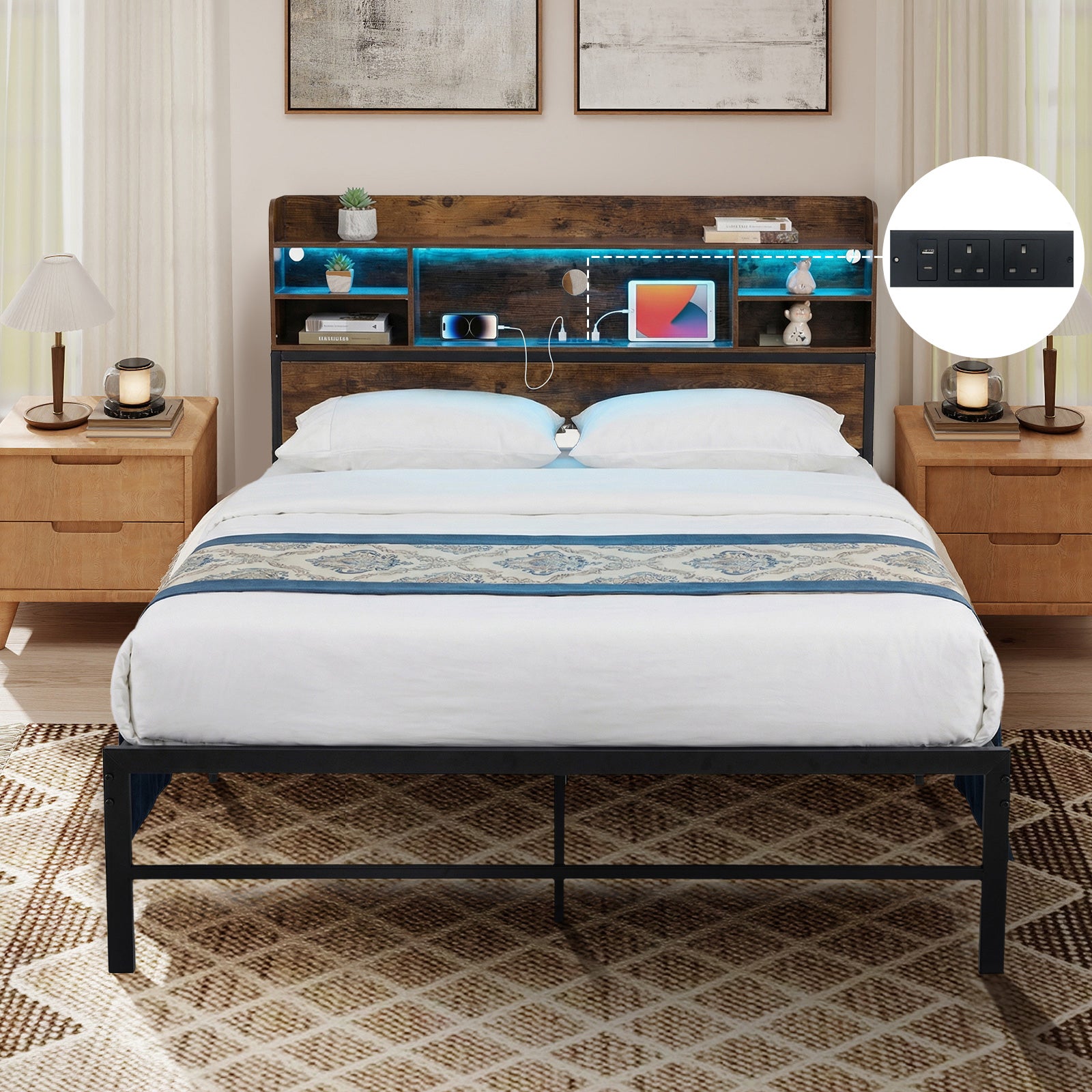 Double/King Size Bed Frame with LED Lights and Charging Station-Rustic Brown-Double Size