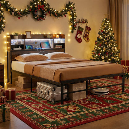 Double/King Size Bed Frame with LED Lights and Charging Station-Rustic Brown-Double Size