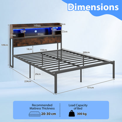 Double/King Size Bed Frame with LED Lights and Charging Station-Rustic Brown-King Size
