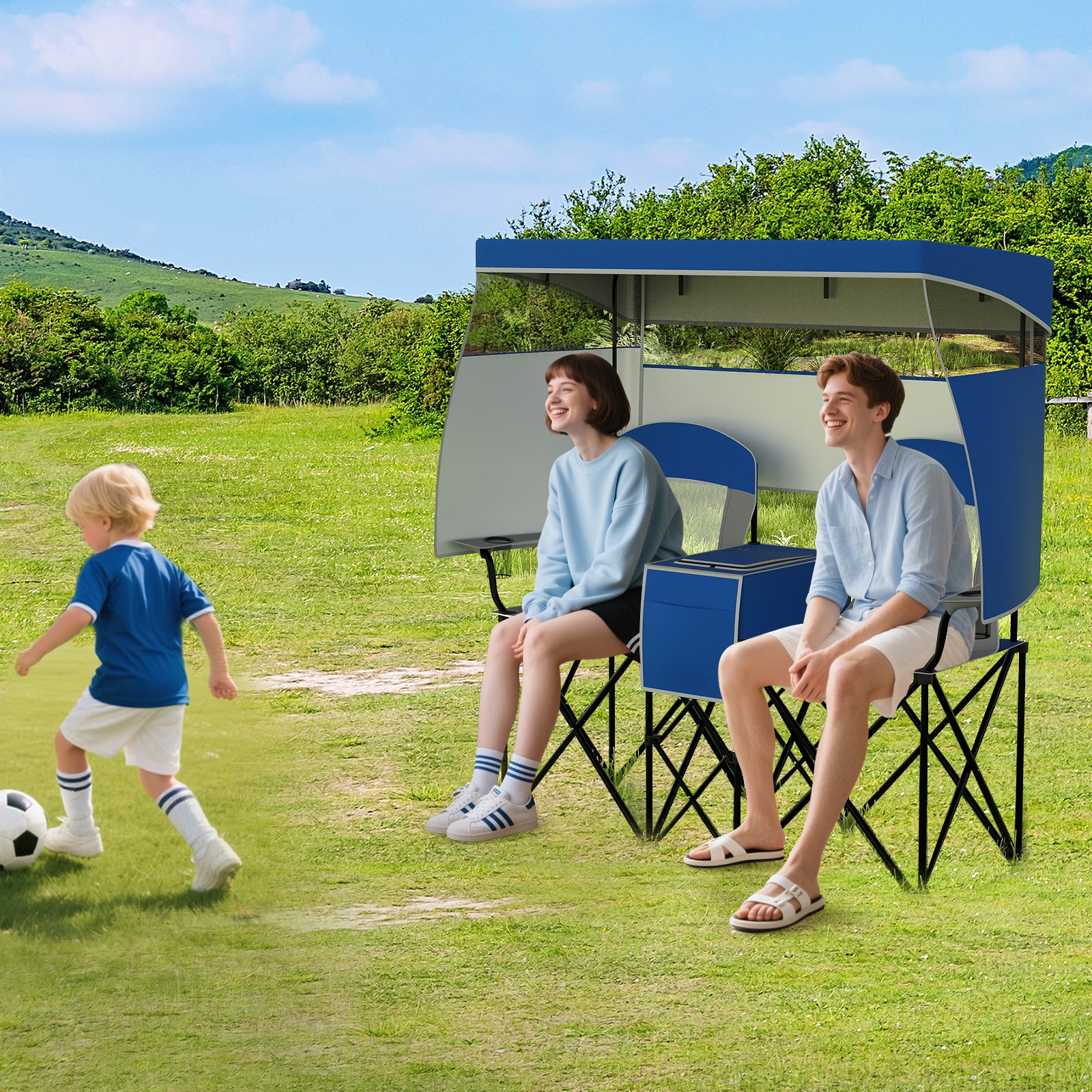 Double Beach Chair with Adjustable Canopy and Roll-up Shade-Navy
