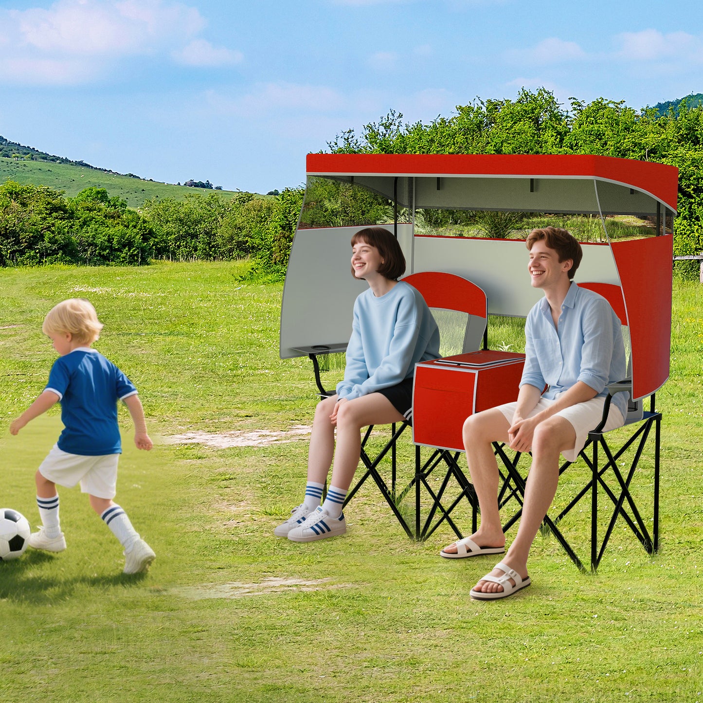 Double Beach Chair with Adjustable Canopy and Roll-up Shade-Red