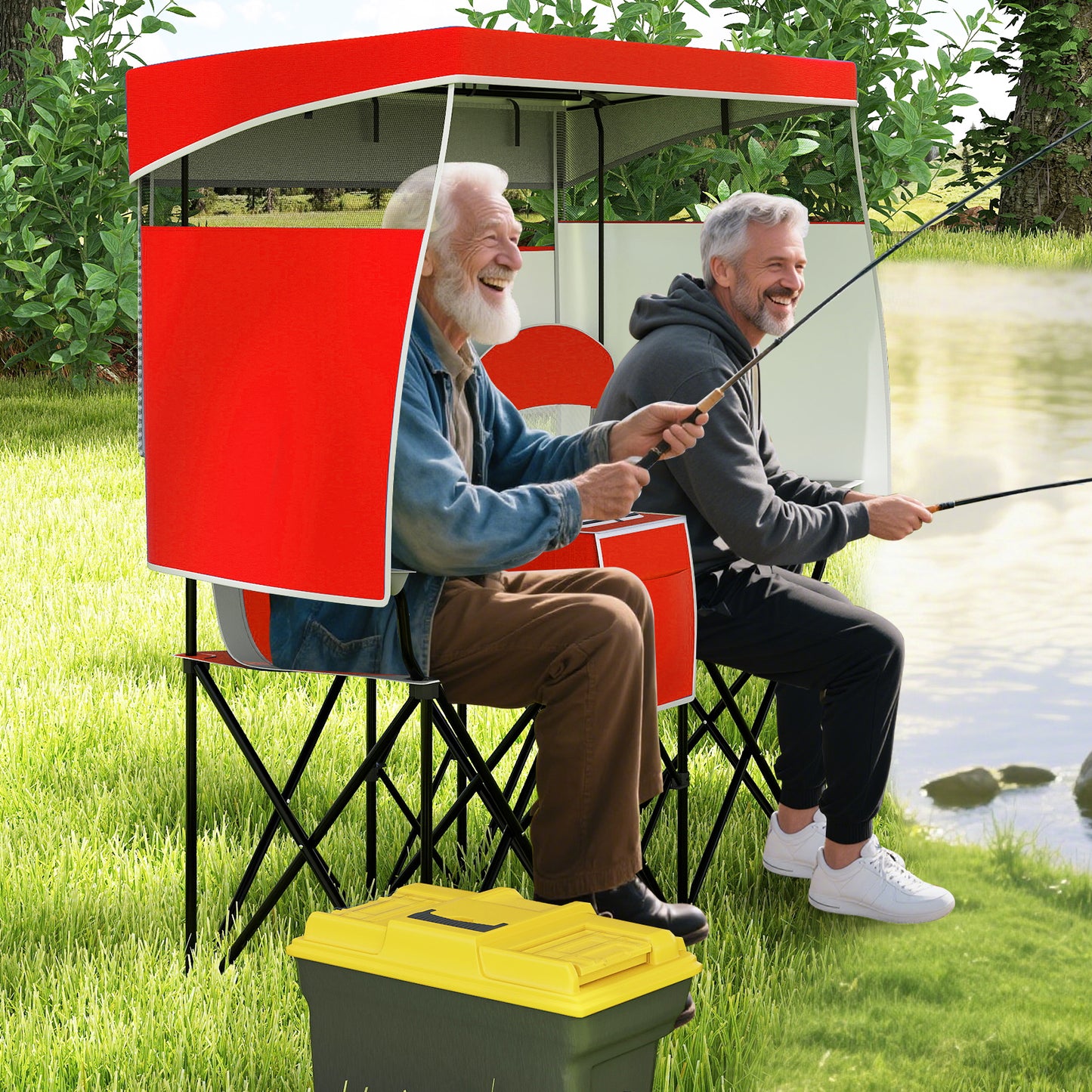 Double Beach Chair with Adjustable Canopy and Roll-up Shade-Red
