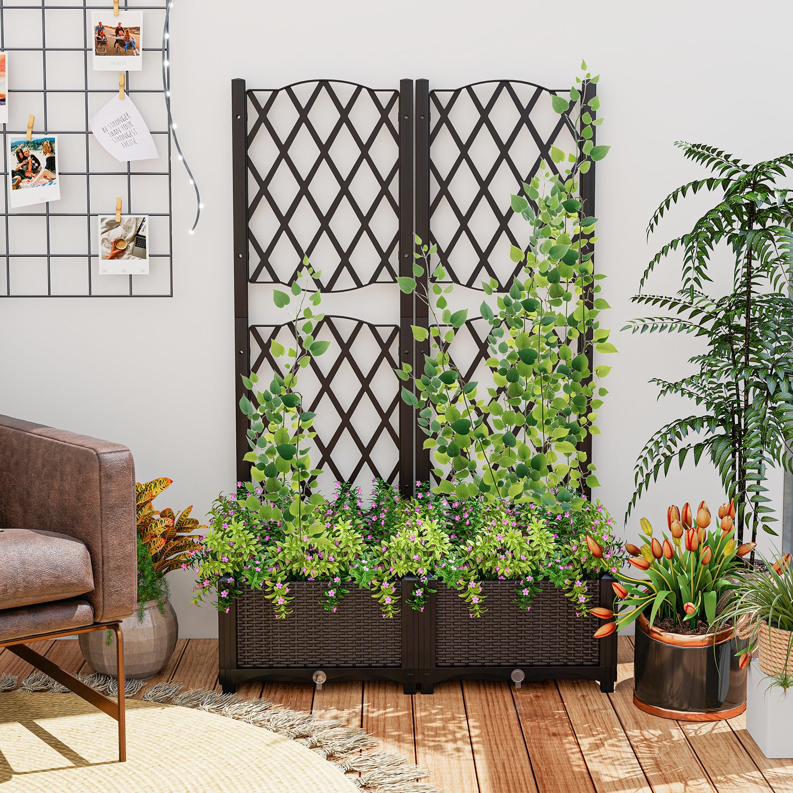Double Box Outdoor Planter with Self Watering System-Brown