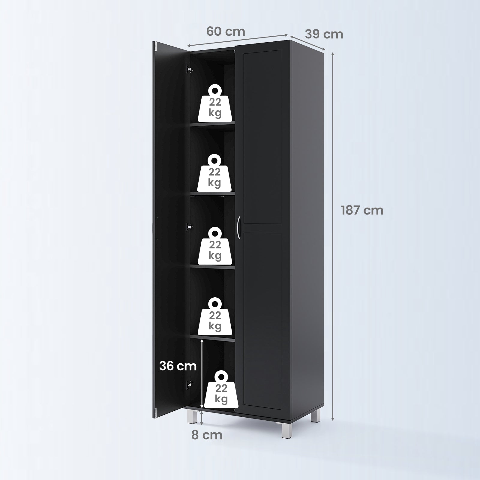 Double Door Tall Storage Cabinet with Adjustable Shelf and Anti-tilt Design-Black