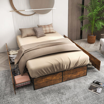 Double Metal Bed Frame with 4 Rolling Underbed Storage Drawers-190 x 135 x 33 cm