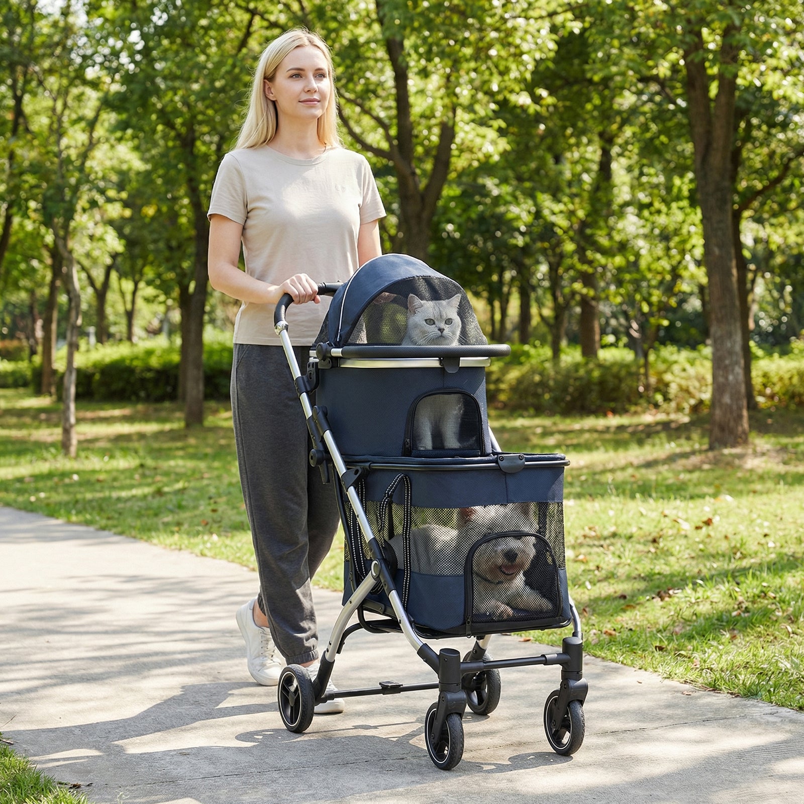 Double Pet Stroller with 2 Detachable Carriers 4-in-1 Foldable Dog Jogger Car Seat-Navy