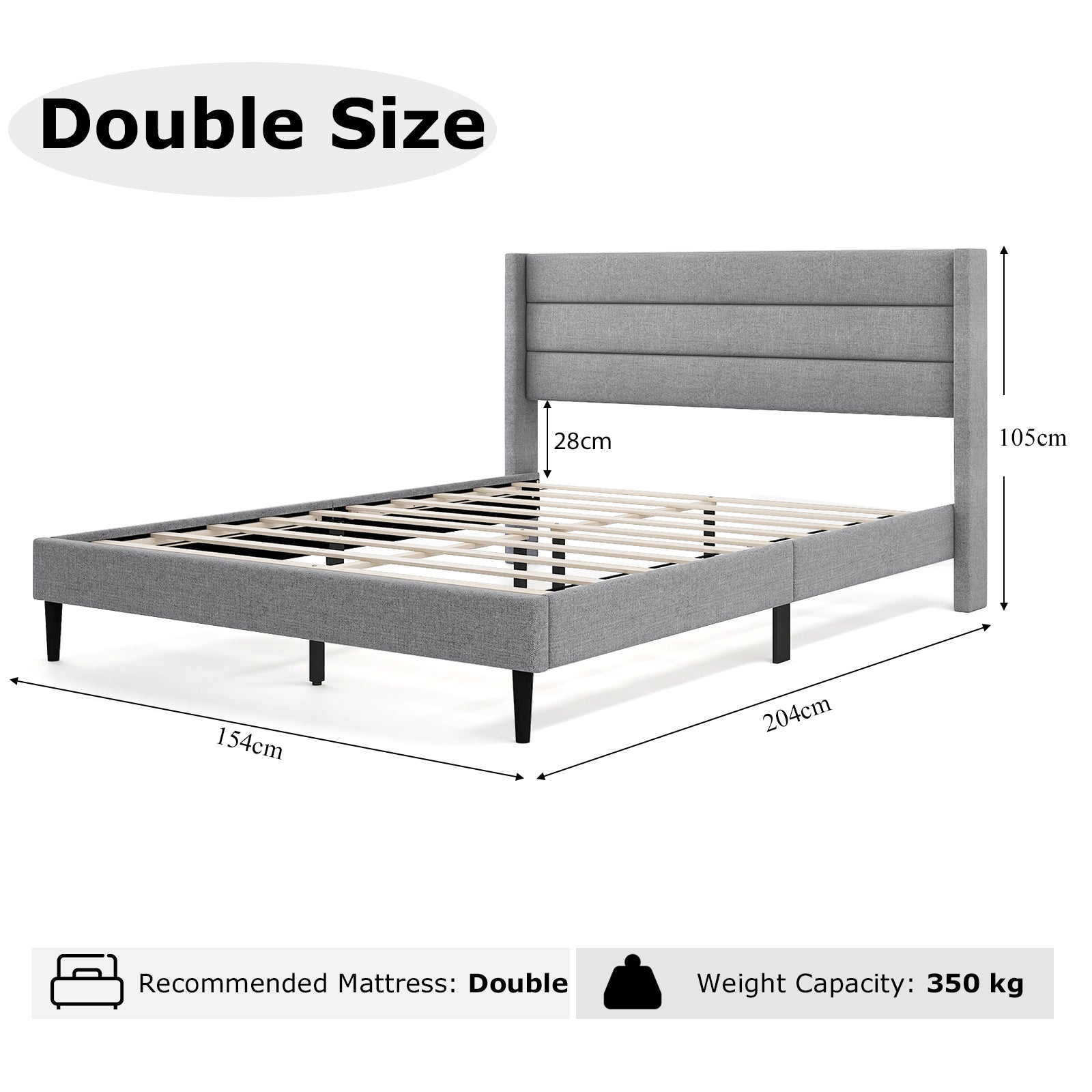 Single/Double Size Bed Frame with Wingback Headboard and Wooden Slats Support-Grey-Double Size