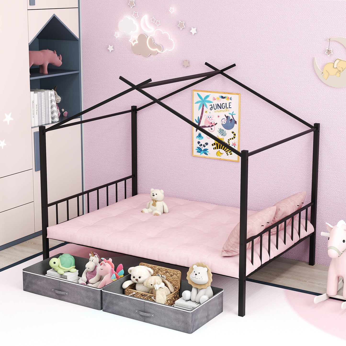 Double Size House Bed with 2 Drawers No Box Spring Needed-Black