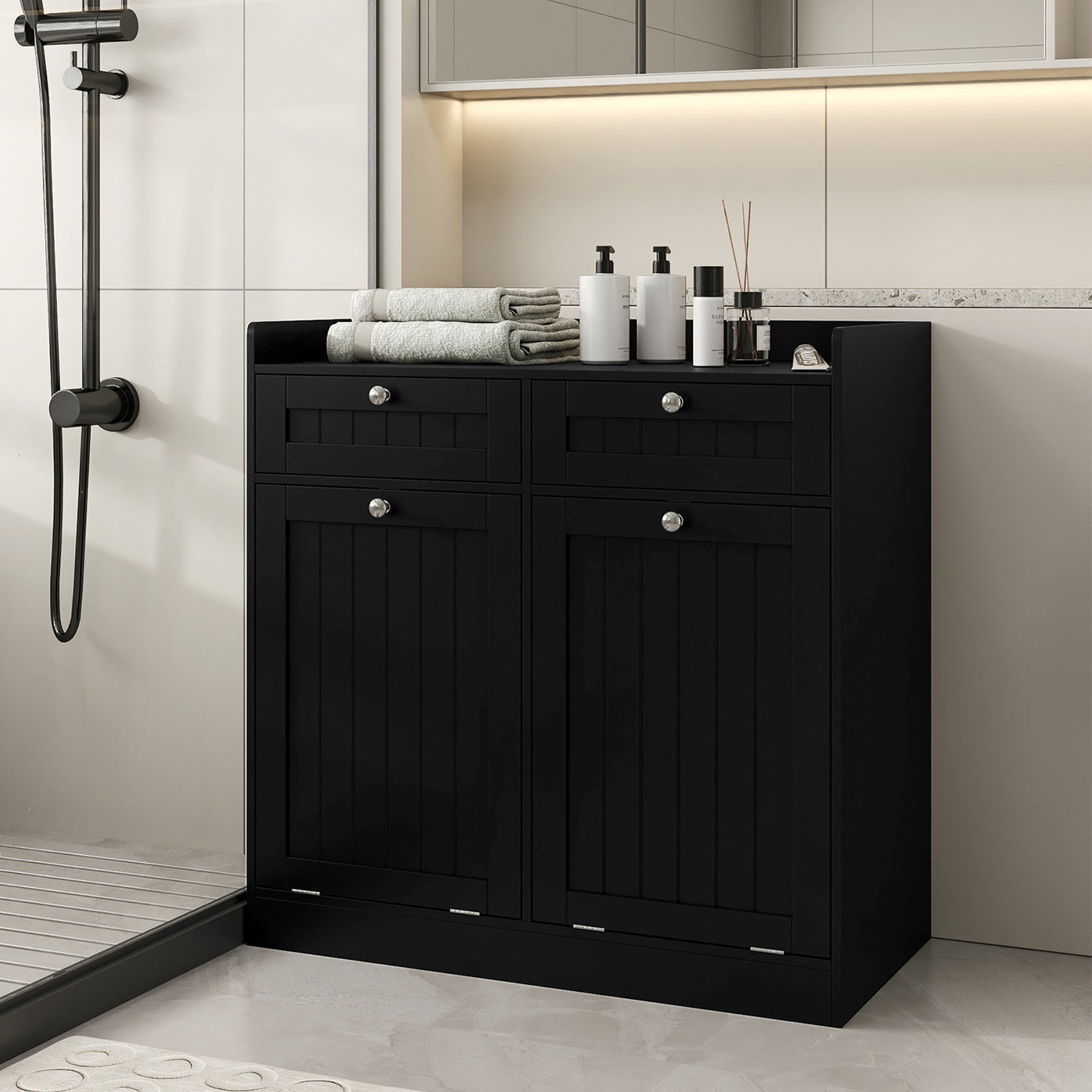 Double Tilt-Out Laundry Hamper Cabinet with Removable Baskets-Black