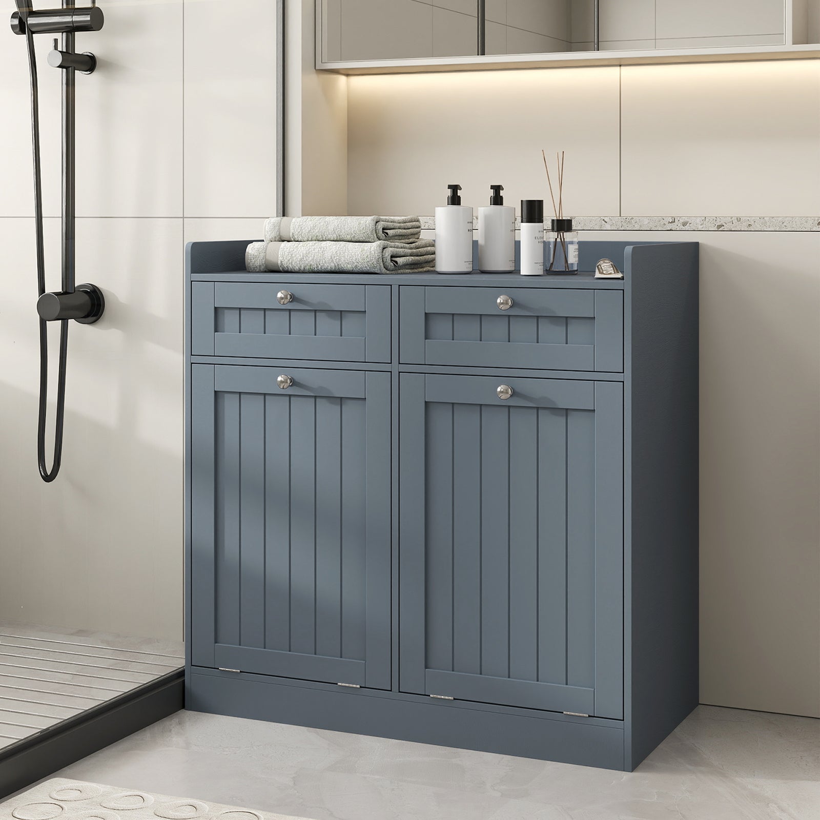 Double Tilt-Out Laundry Hamper Cabinet with Removable Baskets-Grey