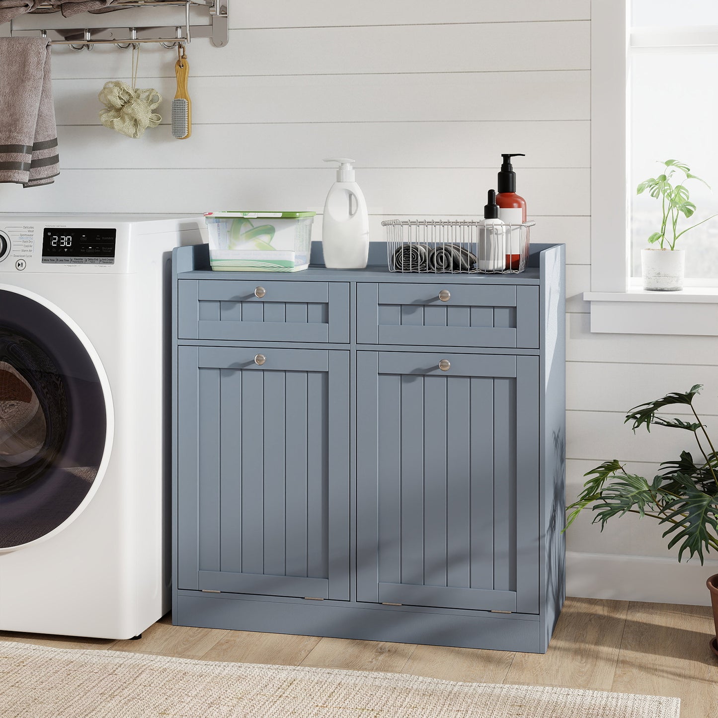 Double Tilt-Out Laundry Hamper Cabinet with Removable Baskets-Grey