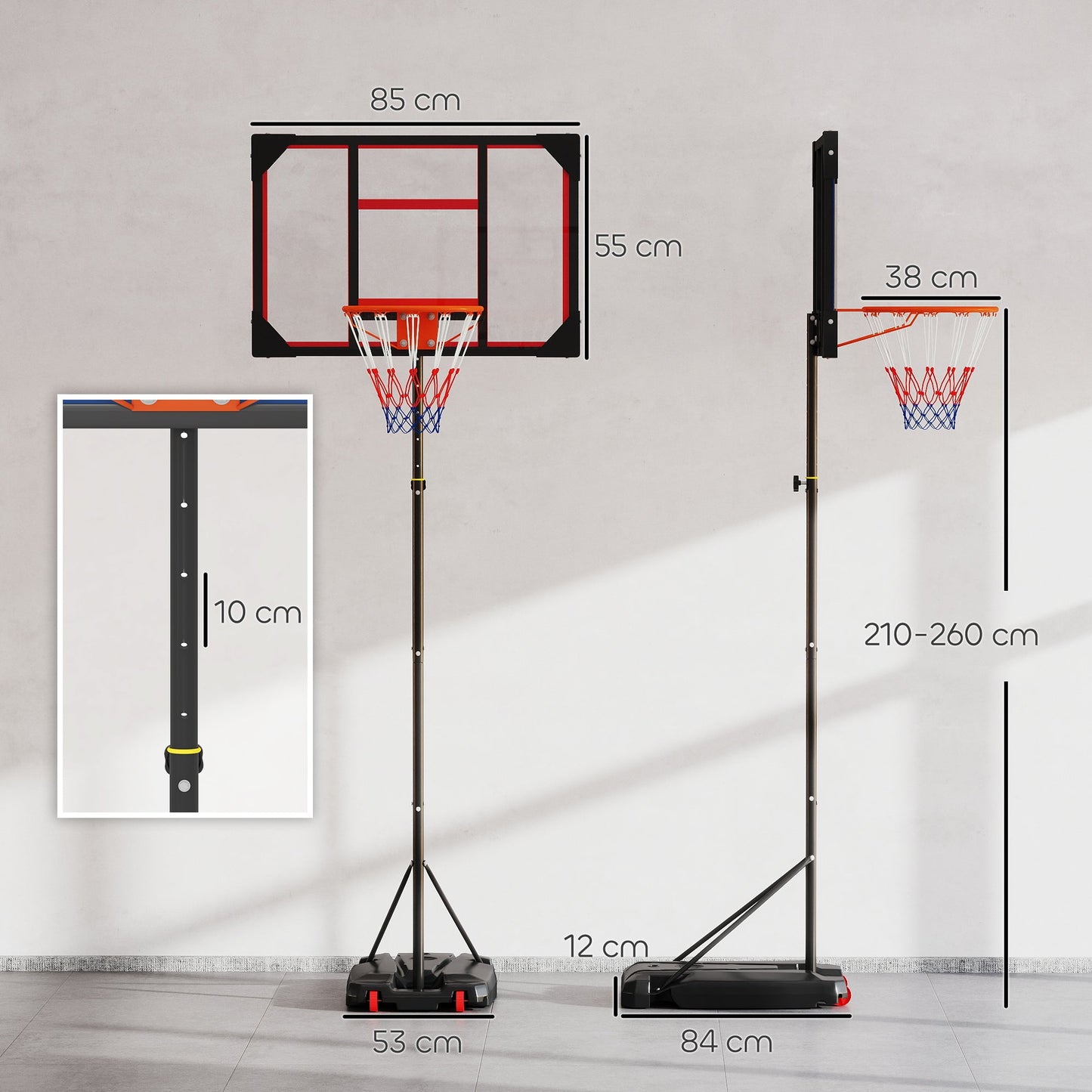 AIYAPLAY Basketball Hoop Outdoor Indoor, 210-260cm Height Adjustable Basketball Hoop with Wheels, Larger Base, for 6+ Years, Red