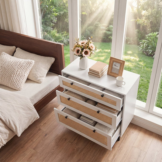 Dresser with 3 Drawers and Rattan Design and 5 Metal Legs for Bedroom-White