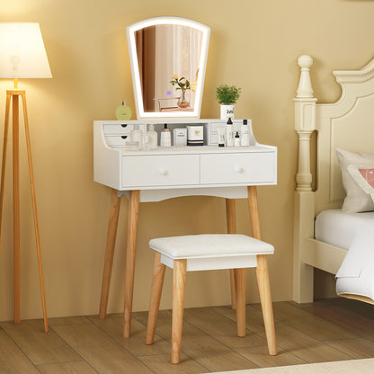 Dressing Table and Chair Set with 3 Lighting Modes and Natural Pine Wood Legs-White