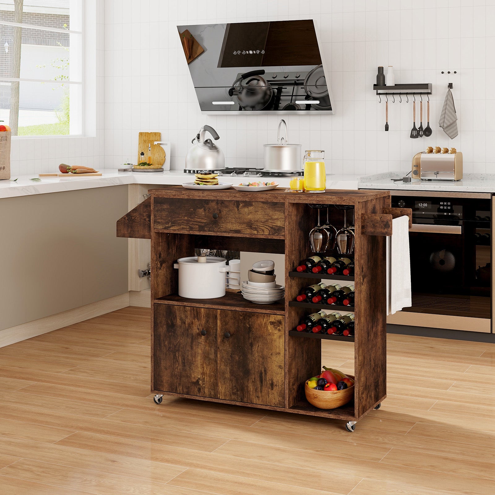 Mobile Drop Leaf Kitchen Island Cart with Microwave Shelf and Wine Rack-Rustic Brown